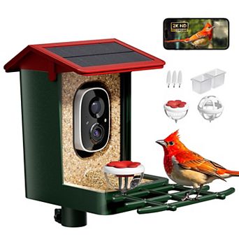 Solar Powered Smart Bird Feeder with Camera, 2K HD Video, App Alerts, Weatherproof Design, Red