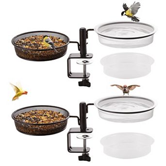 2-pack deck mount bird feeders and bird baths, adjustable steel tray stands with clamp