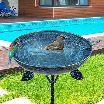 Tall metal bird bath with stake base, 30-inch outdoor garden birdbath and feeder bowl