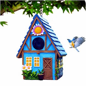 Hanging outdoor birdhouse with blue cottage design, removable base for easy cleaning, 8-inch decor