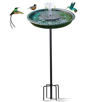 Solar Powered Bird Bath Fountain with 5-Prong Stake Base, Plastic Outdoor Garden Accent