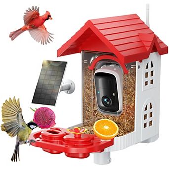 Solar smart bird feeder with camera, 2K HD video, app alerts and bird species identification, red
