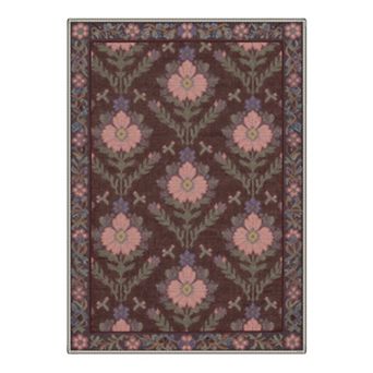 GENIMO Vintage Floral Stem Border Machine Washable Low Pile Non Slip Soft Rug