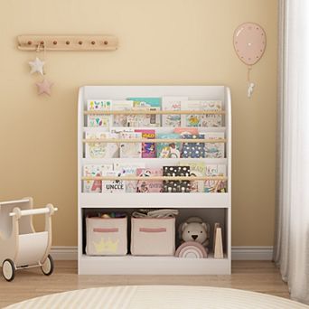 Front-Facing Kids Bookshelf in White Open Storage Bookcase for Playroom Nursery