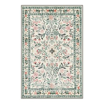 GENIMO Floral Vine Medallion Border Machine Washable Low Pile Non Slip Soft Rug
