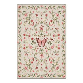 GENIMO Vintage Flowers Butterflies Birds Machine Washable Low Pile Non Slip Soft Rug