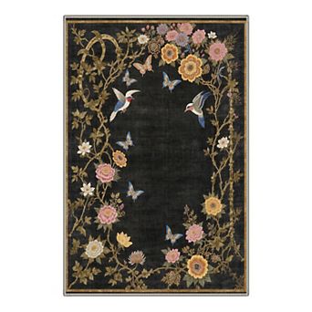 GENIMO Washable Chinoiserie Floral Bird Butterfly Area Rug, Non Slip Low Pile Stain Resistant Carpet