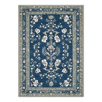 GENIMO Washable Vintage Floral Border Area Rug, Non Slip Low Pile Stain Resistant Carpet