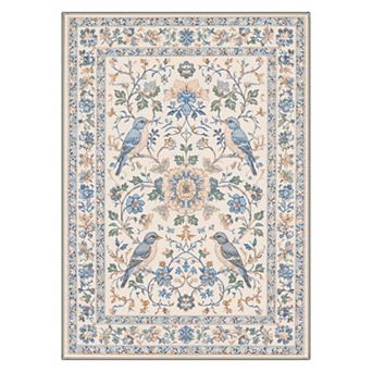 GENIMO Washable Vintage Bird Floral Area Rug, Non Slip Low Pile Stain Resistant Carpet