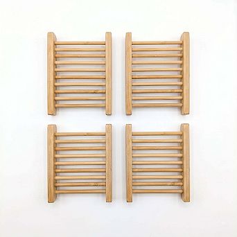Natural Bamboo Soap Dish Holder Set (4-Pack) Wooden Self-Draining Bar Soap Tray