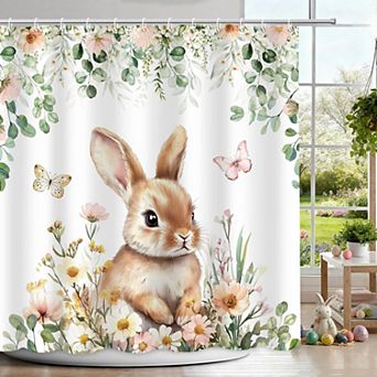 Rabbit Spring Floral Easter Shower Curtains for Bathroom Waterproof Decor 72x72 Inch
