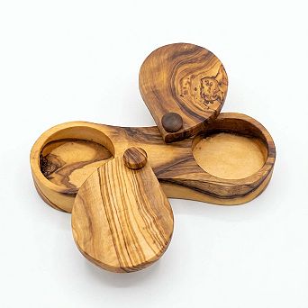 Olive Wood Dual-Cell Spice Box with Swivel Lid 2-Compartment Salt & Seasoning Keeper