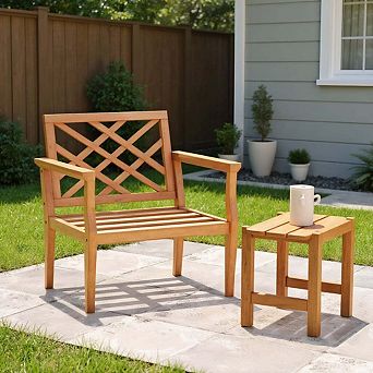Teak Wood Patio Armchair with Slatted Seat and Comfortable Curved Backrest