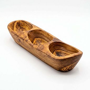 Olive Wood 3-Compartment Serving TrayElongated Centerpiece Dish for Snacks, Olives & Dips
