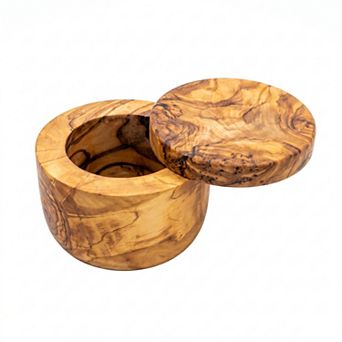 Olive Wood Salt Cellar with Swivel Lid Round Spice Keeper & Seasoning Canister
