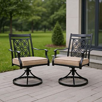 2 Pack Swivel Patio Dining Chairs with Floral Backrest & Cushions, Black