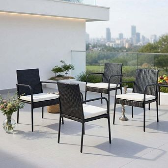4 Pack Cushioned PE Rattan Outdoor Patio Dining Chairs for Garden Yard Pool