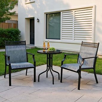 2 Pack All Weather Breathable Fabric Patio Dining Chairs, Blue Outdoor Seating