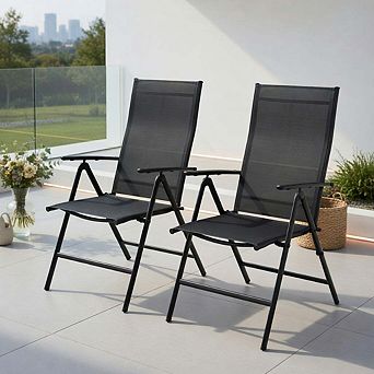 2 Pack Adjustable Foldable Patio Dining Recliners, Black Outdoor Seating