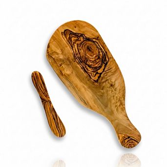 2-Pcs. Mediterranean Olive Wood Bread & Butter Board Serving Set w/Hand-Carved Butter Knife