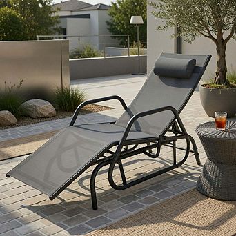 Outdoor Glider Chaise Lounge with Armrests & Pillow, Gray Portable Recliner for Outdoor Use