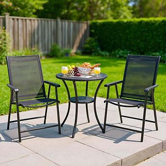 2 Pack Ergonomic Armrest Foldable Patio Dining Chairs, Black All Weather Seating