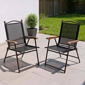 2 Pack Foldable Sling Patio Deck Dining Chairs, Brown Garden Pool Side Furniture