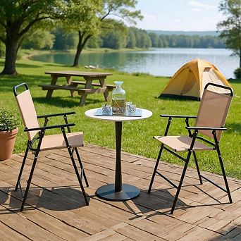 2 Pack Foldable Bar Height Patio Armchairs with Quick Dry Seats, Beige Outdoor Set