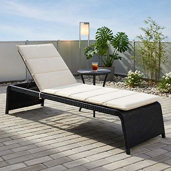 Adjustable Rattan Outdoor Chaise Lounge, White Patio Recliner for Lawn Garden Beach