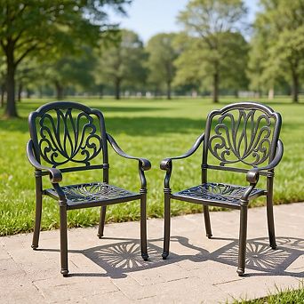 2 Pack Cast Aluminum Patio Dining Armchairs, Bronze Outdoor Conversation Seats
