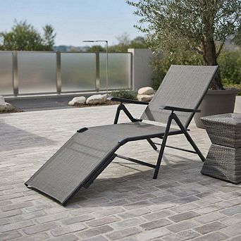 Foldable Patio Chaise Lounge with Adjustable Backrest & Footrest, Gray Outdoor Recliner