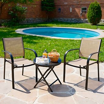2 Pack Stackable Patio Dining Armchairs, Brown for Garden Deck Pool