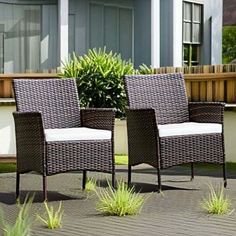 Veryke 2 Pack Stackable Cushioned Poly Wicker Patio Dining Chairs, White
