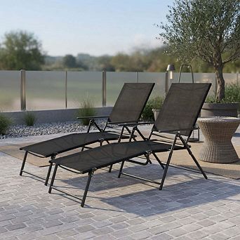 2 Pack 6 Level Adjustable Foldable Patio Chaise Lounge, Black Outdoor Portable Recliner