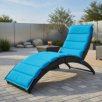 Adjustable rattan outdoor chaise lounge, turquoise portable garden recliner
