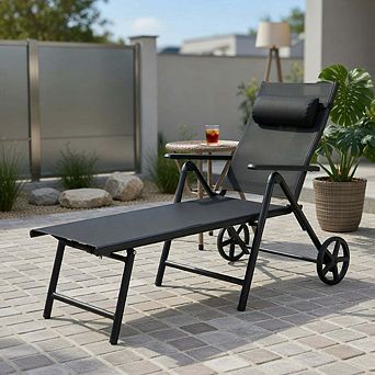 Wheeled aluminum chaise lounge with neck pillow, gray portable outdoor recliner