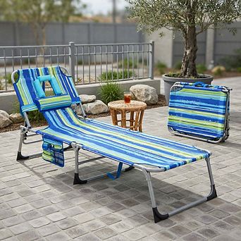 Foldable beach chaise lounge with soft pillow, blue green portable outdoor recliner