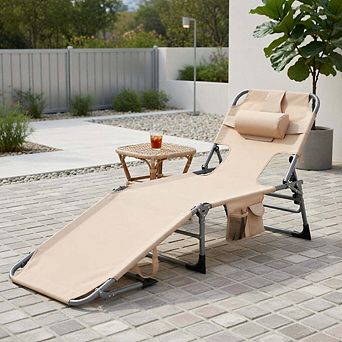 Foldable beach chaise lounge with face hole, beige portable garden recliner