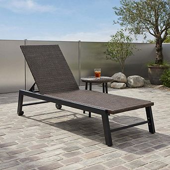 5-level wheeled PE rattan chaise lounge, brown outdoor patio recliner