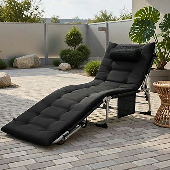 Oversized 4-fold padded lounge with detachable mattress, black outdoor recliner