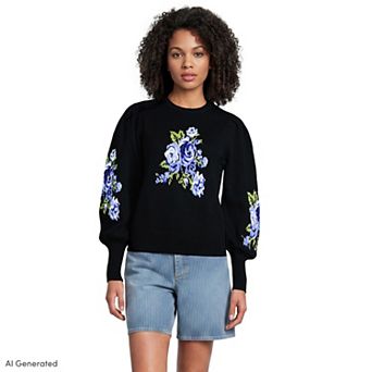Women's Lands' End Drifter Puff Sleeve Jacquard Crew Neck Sweater
