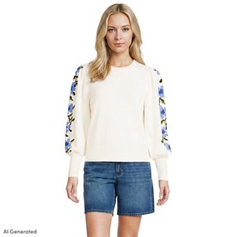 Women's Lands' End Drifter Puff Sleeve Jacquard Crew Neck Sweater