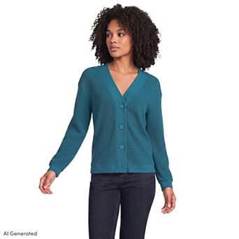 Women's Lands' End Long Sleeve Waffle V-Neck Sweater Cardigan