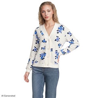 Women's Lands' End Long Sleeve Waffle V-Neck Sweater Cardigan