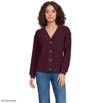 Women's Lands' End Long Sleeve Waffle V-Neck Sweater Cardigan