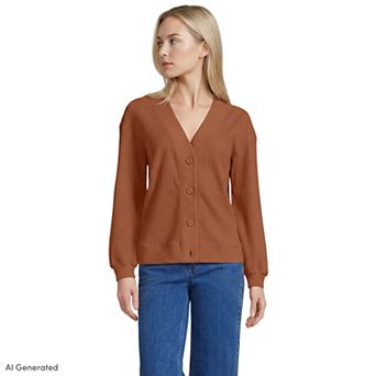 Women's Lands' End Long Sleeve Waffle V-Neck Sweater Cardigan