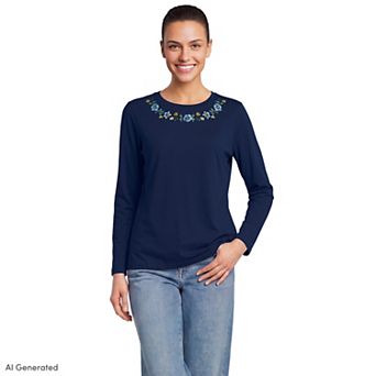 Petite Lands' End Long Sleeve Embroidered Crew Neck T-Shirt