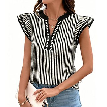 Women's Summer Striped Flutter Cap Short Sleeve Shirt V Neck Casual Soft Blouse Loose Fit Top