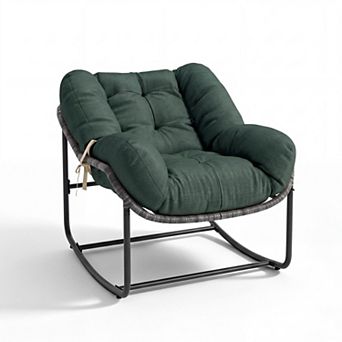 Oversized Papasan Rocking Chair, Wicker Egg-Shaped Rocker with Plush Cushion, 330 LBS Capacity