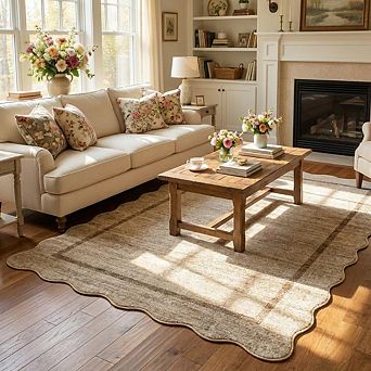 Scalloped Washable Rug for Living Room Non Slip Area Rug for Bedroom Farmhouse Carpet for Office